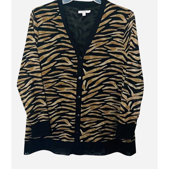 CHICO’S LONG SLV BUTTON-UP V-NECK BLOUSE, US XL(CHICO'S 3), BLACK & GOLD, ANIMAL - Picture 1 of 11